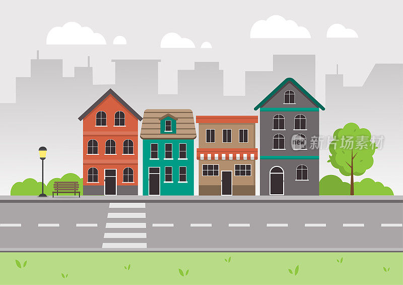 City landscape with buildings, street, and crosswalk. Cityscape flat design. Vector Illustration.